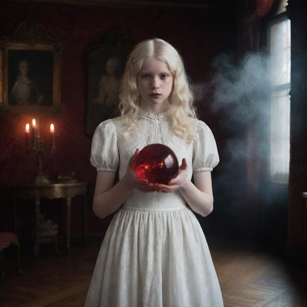 An ultra-high resolution raw photograph of an albino teenage girl in a white dress, holding a glowing deep red crystal ball with swirling smoke figures inside, in a Victorian gothic style room with low ambient light.