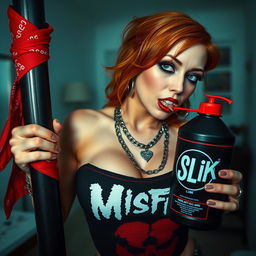 A close-up shot focusing on a sexy female redhead with a large chest and visible cleavage, wearing a 'Misfits' tank top adorned with punk chains