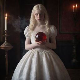 An ultra-high resolution raw photograph of an albino teenage girl in a white dress, holding a glowing deep red crystal ball with swirling smoke figures inside, in a Victorian gothic style room with low ambient light.