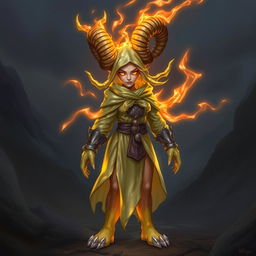 A fierce DnD monk character with coiled, curving horns atop her head, glowing with a magical aura