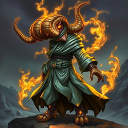 A fierce DnD monk character with coiled, curving horns atop her head, glowing with a magical aura