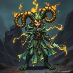 A fierce DnD monk character with coiled, curving horns atop her head, glowing with a magical aura