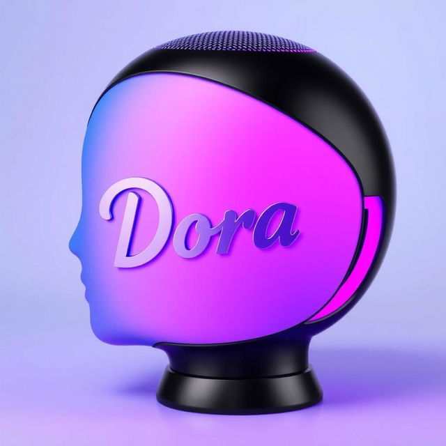 A stylish speaker designed in the shape of a head, featuring a sleek black exterior adorned with a gradient transitioning from blue to pink, complemented by vibrant purple highlights