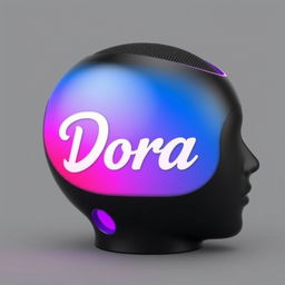 A stylish speaker designed in the shape of a head, featuring a sleek black exterior adorned with a gradient transitioning from blue to pink, complemented by vibrant purple highlights