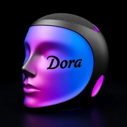 A stylish speaker designed in the shape of a head, featuring a sleek black exterior adorned with a gradient transitioning from blue to pink, complemented by vibrant purple highlights