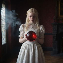 An ultra-high resolution raw photograph of an albino teenage girl in a white dress, holding a glowing deep red crystal ball with swirling smoke figures inside, in a Victorian gothic style room with low ambient light.