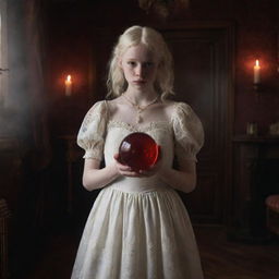 An ultra-high resolution raw photograph of an albino teenage girl in a white dress, holding a glowing deep red crystal ball with swirling smoke figures inside, in a Victorian gothic style room with low ambient light.