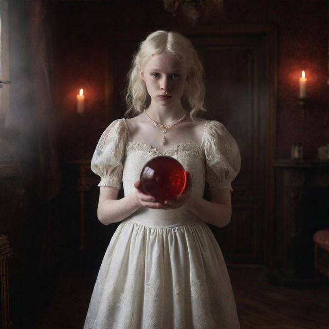 An ultra-high resolution raw photograph of an albino teenage girl in a white dress, holding a glowing deep red crystal ball with swirling smoke figures inside, in a Victorian gothic style room with low ambient light.