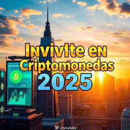 A vibrant and eye-catching YouTube thumbnail featuring the bold text 'Invierte en Criptomonedas 2025' prominently displayed in an engaging font