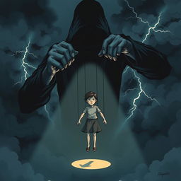 A powerful and haunting illustration titled 'Manipulation Dévastatrice', showcasing the theme of destructive manipulation