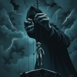 A powerful and haunting illustration titled 'Manipulation Dévastatrice', showcasing the theme of destructive manipulation