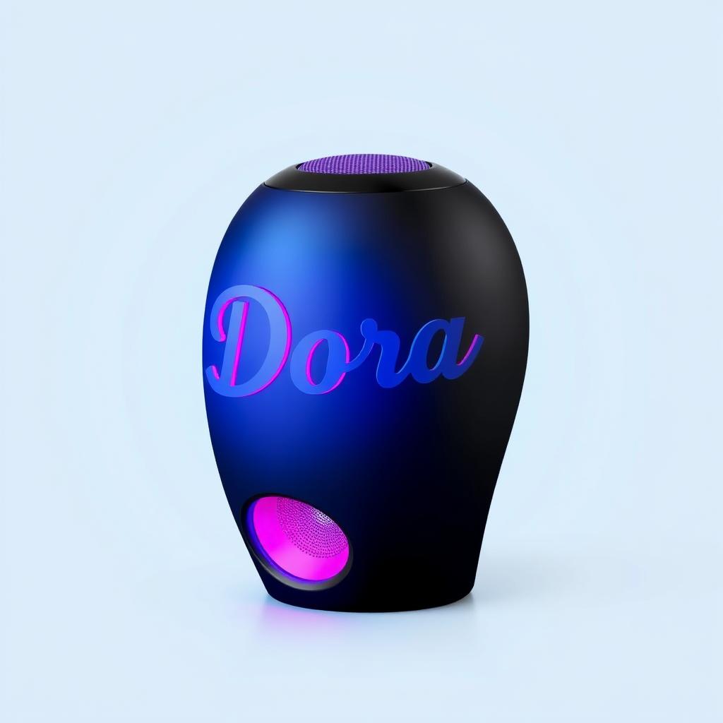 A creative speaker designed in the shape of a head, showcasing a smooth black surface with a stunning gradient that shifts from blue to pink, featuring vibrant purple accents