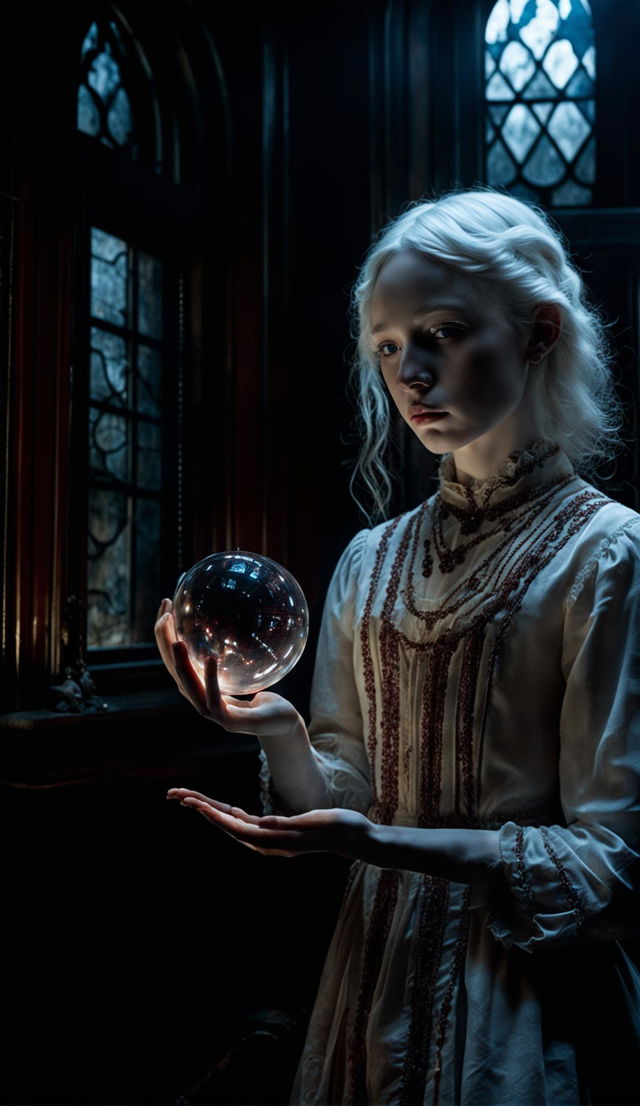 Ultra-high resolution photograph of an albino teenager in a white dress in a Victorian gothic room holding a glowing deep red crystal ball showing swirling smoky figures.