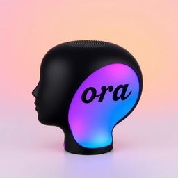 A creative speaker designed in the shape of a head, showcasing a smooth black surface with a stunning gradient that shifts from blue to pink, featuring vibrant purple accents