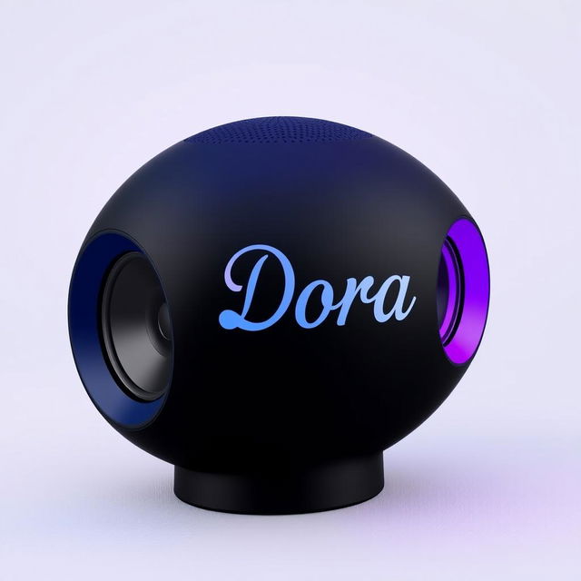 A creative speaker designed in the shape of a head, showcasing a smooth black surface with a stunning gradient that shifts from blue to pink, featuring vibrant purple accents