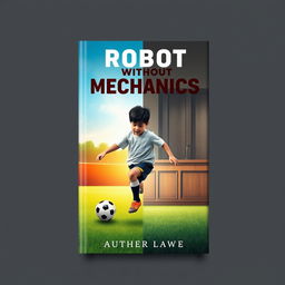 An evocative book cover design for 'Robot Without Mechanics', capturing the essence of a boy's journey from aspiring soccer player to a respected judge