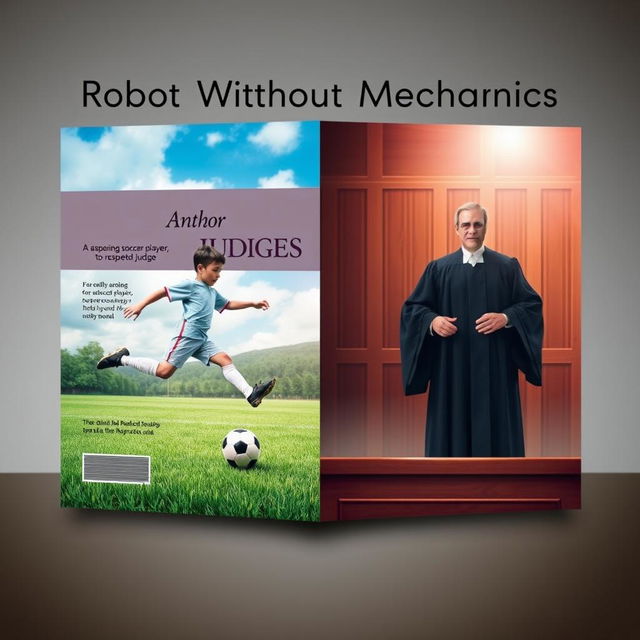 An evocative book cover design for 'Robot Without Mechanics', capturing the essence of a boy's journey from aspiring soccer player to a respected judge