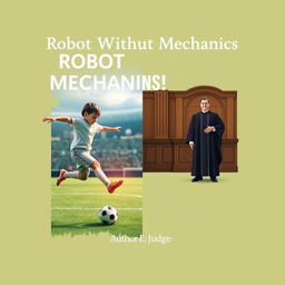 An evocative book cover design for 'Robot Without Mechanics', capturing the essence of a boy's journey from aspiring soccer player to a respected judge