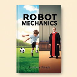 An evocative book cover design for 'Robot Without Mechanics', capturing the essence of a boy's journey from aspiring soccer player to a respected judge