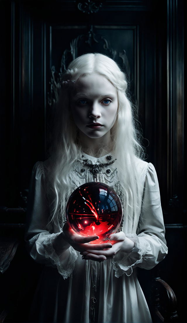 Ultra-high resolution photograph of an albino teenager in a white dress in a Victorian gothic room holding a glowing deep red crystal ball showing swirling smoky figures, with detailed hands, long eyelashes, and indigo irises.