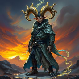 A formidable DnD monk character with coiled, curving horns elegantly displayed atop his head, glowing with a mystical energy