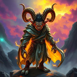 A formidable DnD monk character with coiled, curving horns elegantly displayed atop his head, glowing with a mystical energy