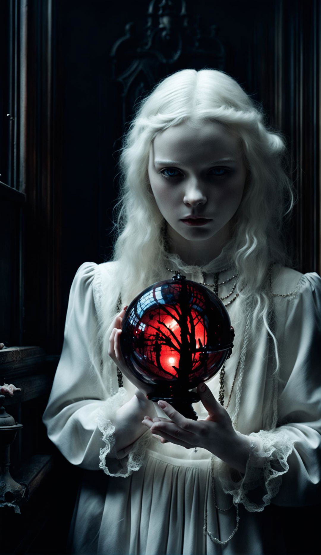 Ultra-high resolution photograph of an albino teenager in a white dress in a Victorian gothic room holding a glowing deep red crystal ball showing swirling smoky figures, with detailed hands, long eyelashes, and indigo irises.