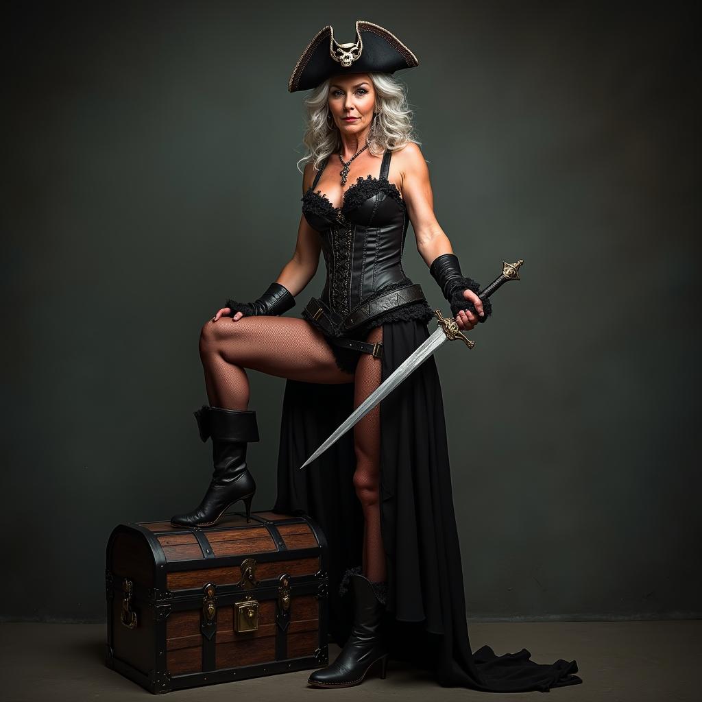 A tall, wrinkly woman in her 60s stands confidently with one leg propped on a weathered treasure chest, exuding an air of authority as a formidable Pirate Queen