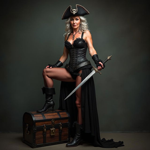 A tall, wrinkly woman in her 60s stands confidently with one leg propped on a weathered treasure chest, exuding an air of authority as a formidable Pirate Queen