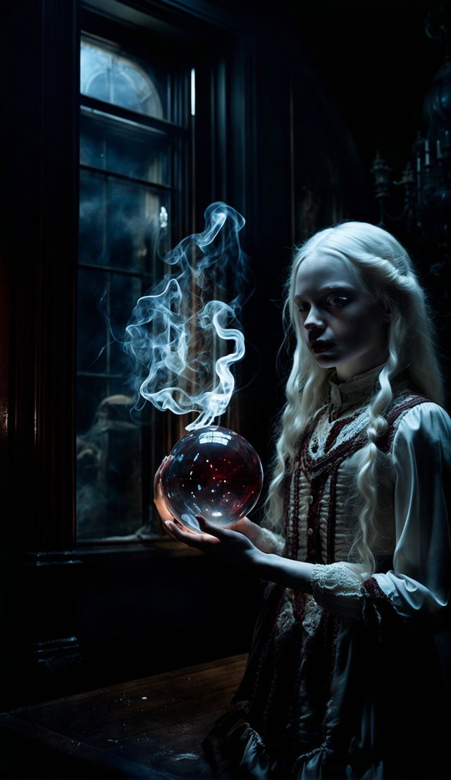 Ultra-high resolution photograph of an albino teenager in a white shift in a Victorian gothic room, examining a floating dark red crystal ball with a screaming face formed by swirling smoke inside.