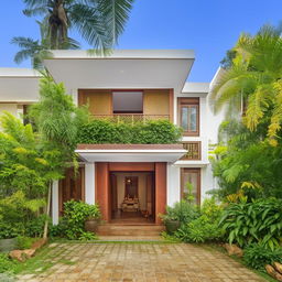 An architecturally stunning house with four bedrooms, a designated pooja room, a welcoming guest room, a spacious hall, a well-equipped kitchen, a clean washroom, a functional toilet, and a blooming garden.