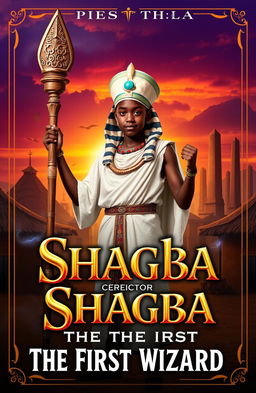 A book cover for 'Shagba The First Wizard', featuring a young black man standing confidently