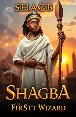 A book cover for 'Shagba The First Wizard', featuring a young black man standing confidently