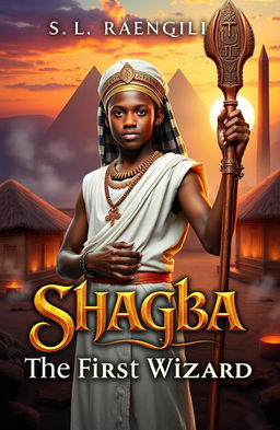 A book cover for 'Shagba The First Wizard', featuring a young black man standing confidently