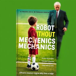 A visually striking book cover depicting a young boy standing in front of a soccer field with a soccer ball at his feet, looking contemplative and hopeful