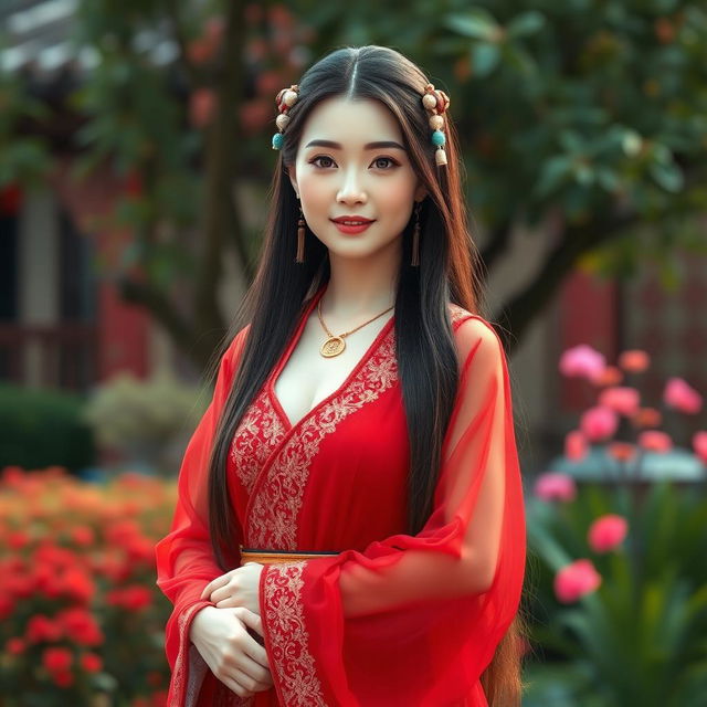 A realistic full-body character of a beautiful Uighur princess in her late 40s, with smooth and radiant white skin that glows warmly