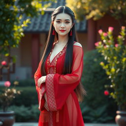 A realistic full-body character of a beautiful Uighur princess in her late 40s, with smooth and radiant white skin that glows warmly