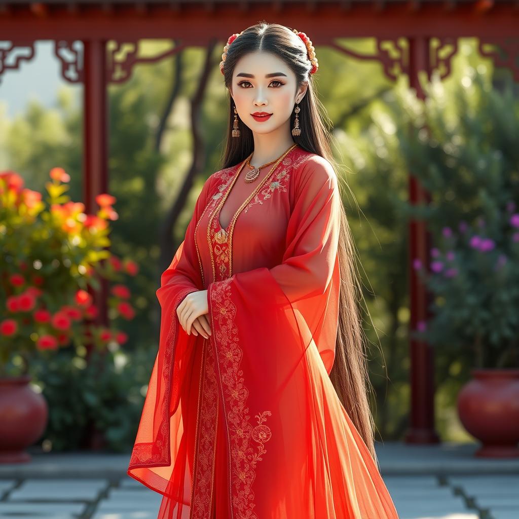 A realistic full-body character of a beautiful Uighur princess in her late 40s, with smooth and radiant white skin that glows warmly