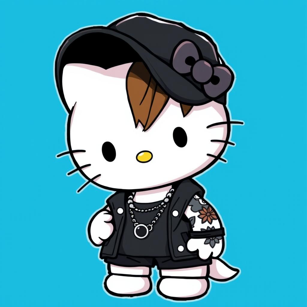 A trendy version of Hello Kitty dressed in a stylish boy's outfit