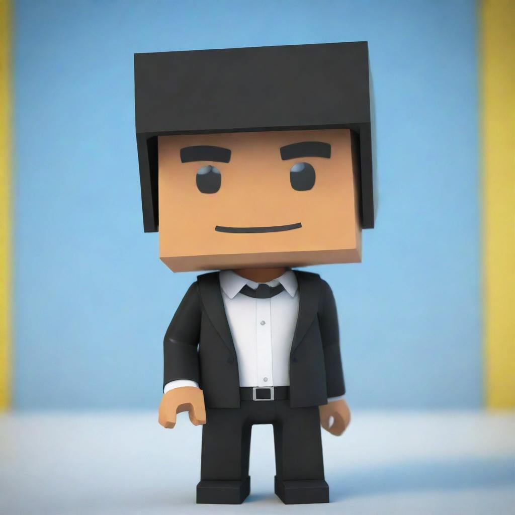 A Roblox avatar, distinctively due to its square-shaped head and quirky attire, immersed in a dynamic blocky virtual environment.