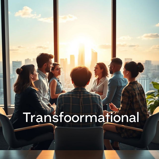 A dynamic and inspiring representation of Transformational Leadership, illustrating the themes of adaptation, overcoming challenges, and thriving in times of change