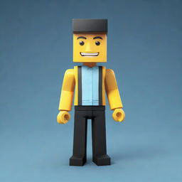 A Roblox avatar, distinctively due to its square-shaped head and quirky attire, immersed in a dynamic blocky virtual environment.