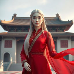 A realistic full-body character of a beautiful Uighur princess in her late 40s, with smooth, glowing white skin radiating warmth