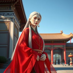 A realistic full-body character of a beautiful Uighur princess in her late 40s, with smooth, glowing white skin radiating warmth