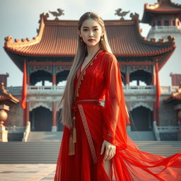 A realistic full-body character of a beautiful Uighur princess in her late 40s, with smooth, glowing white skin radiating warmth