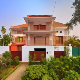 An architecturally stunning house with four bedrooms, a designated pooja room, a welcoming guest room, a spacious hall, a well-equipped kitchen, a clean washroom, a functional toilet, and a blooming garden.