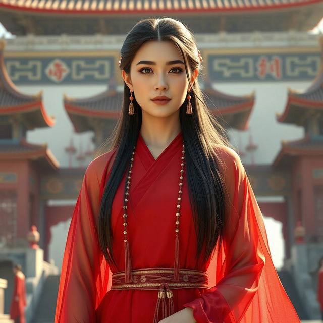 A realistic full-body character of a beautiful Uighur princess in her late 40s, with smooth, glowing white skin radiating warmth