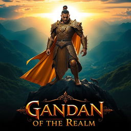 An epic movie poster featuring Gandan, a powerful warrior of the realm, standing heroically atop a mountain with a breathtaking sunset in the background