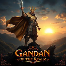 An epic movie poster featuring Gandan, a powerful warrior of the realm, standing heroically atop a mountain with a breathtaking sunset in the background