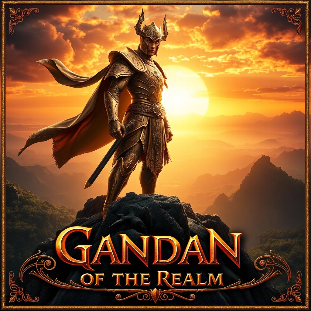 An epic movie poster featuring Gandan, a powerful warrior of the realm, standing heroically atop a mountain with a breathtaking sunset in the background